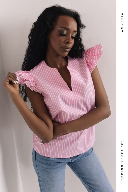 Amnesia Gombi blúz kék és rózsaszín csíkos 